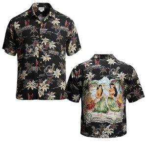 Kennington Hawaiian Shirt XL Black Tropical Hula Dancer Print Rayon Aloha